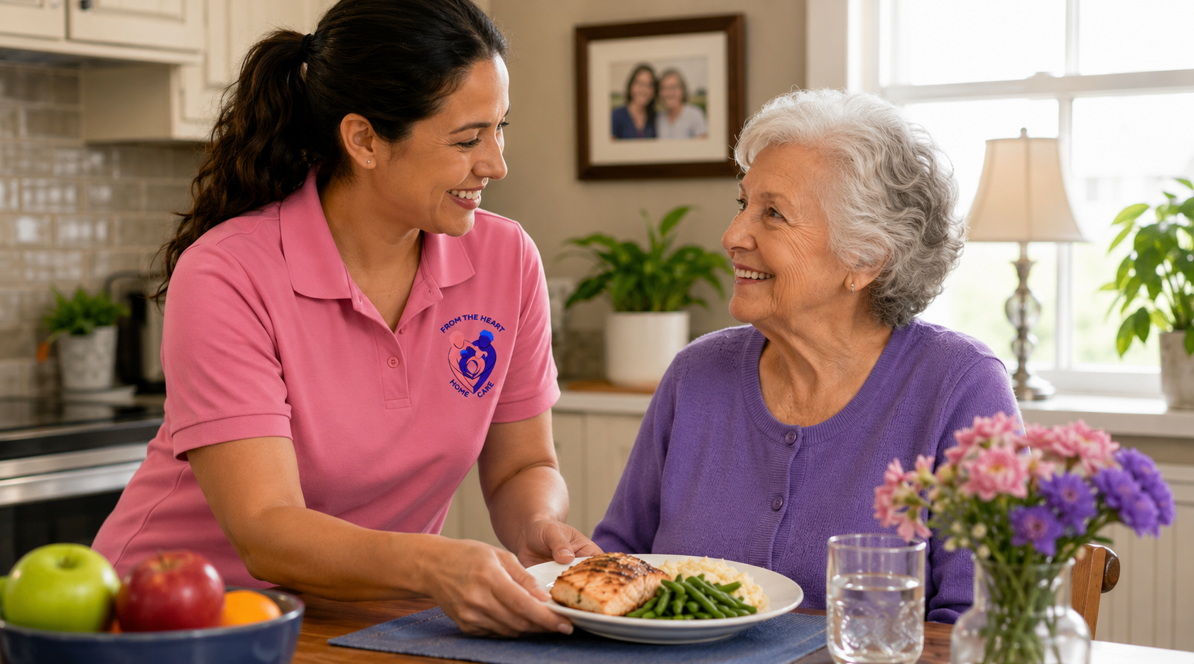 Caregiver preparing a meal or sharing companionship with a client