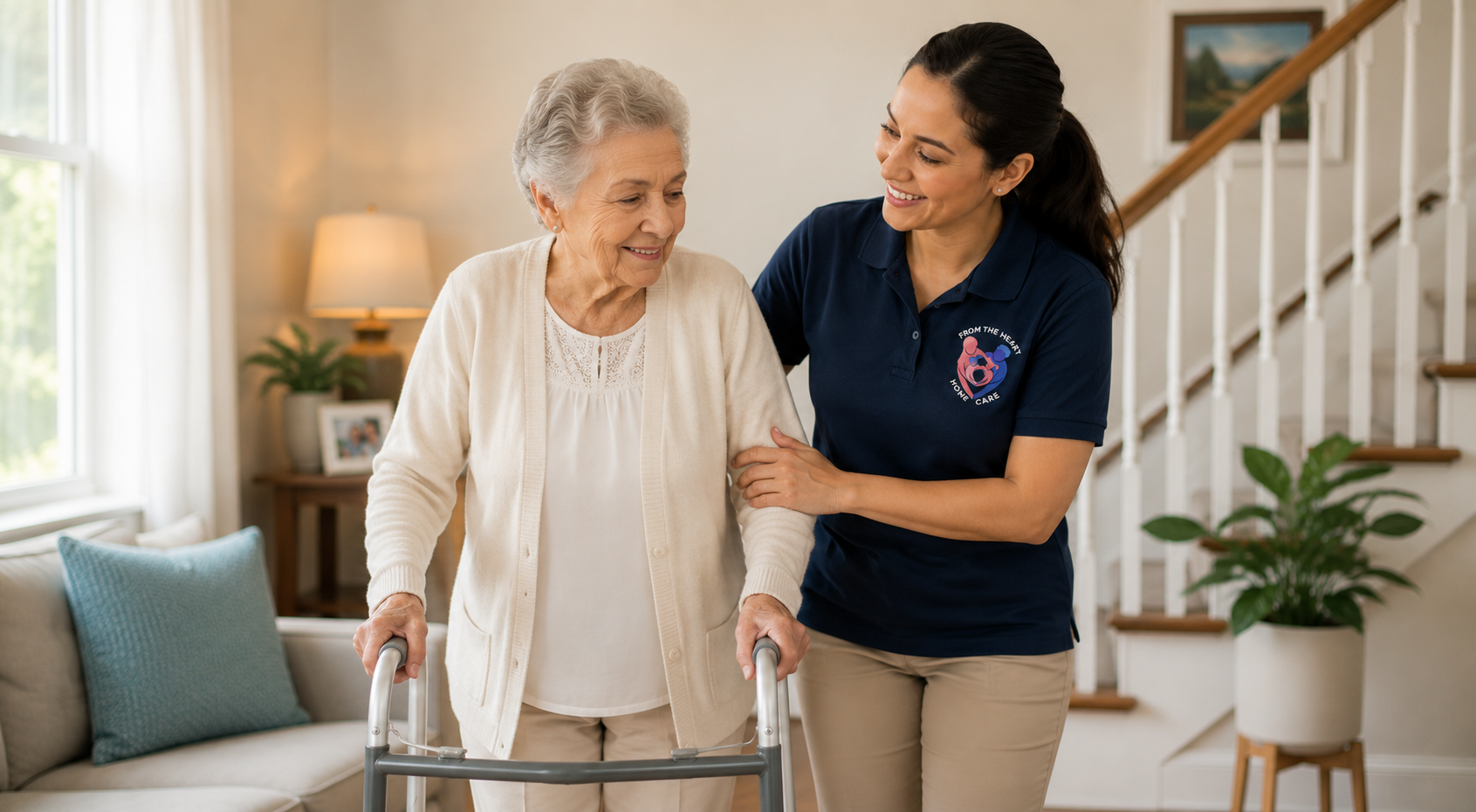 Caregiver supporting daily routine mobility assistance