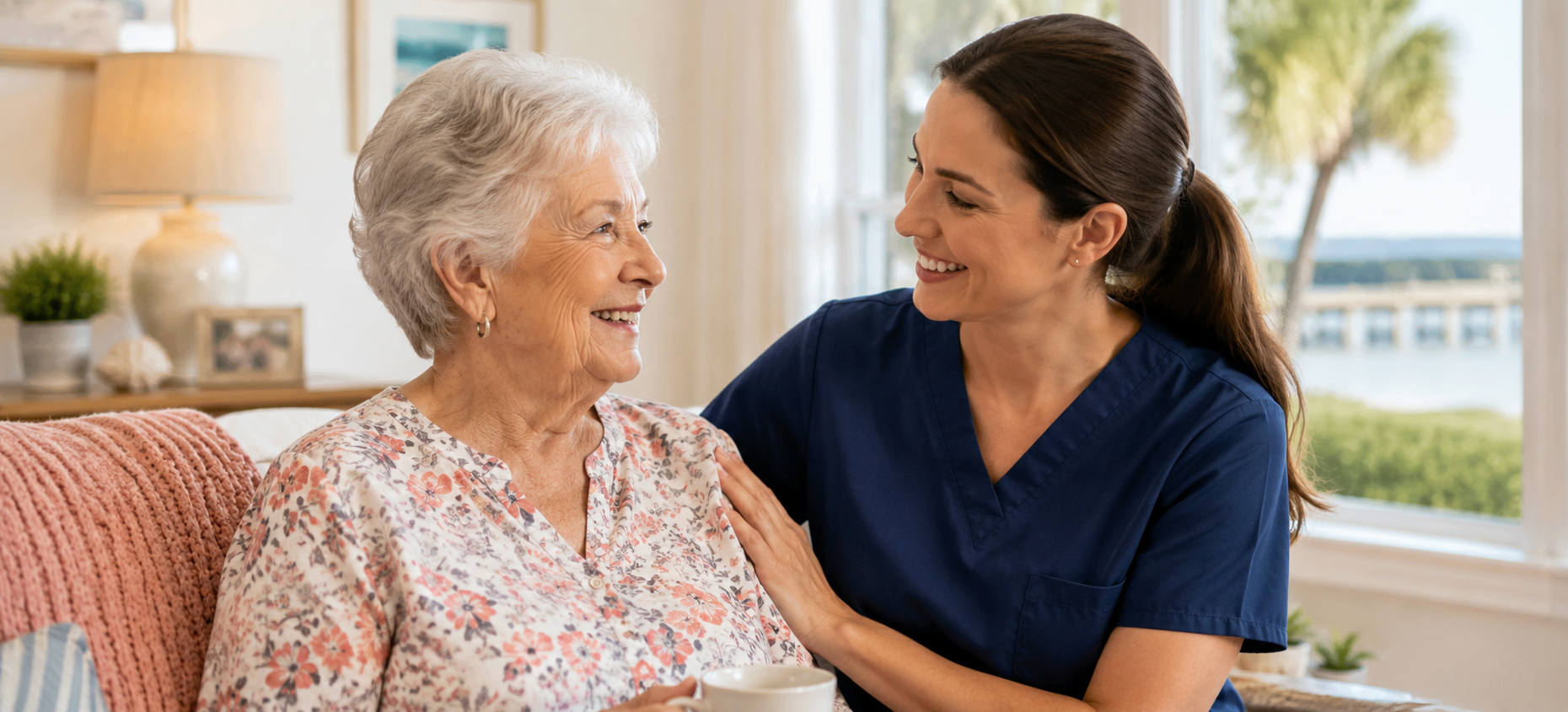 caregiver and client sharing a warm moment at home, South Carolina setting