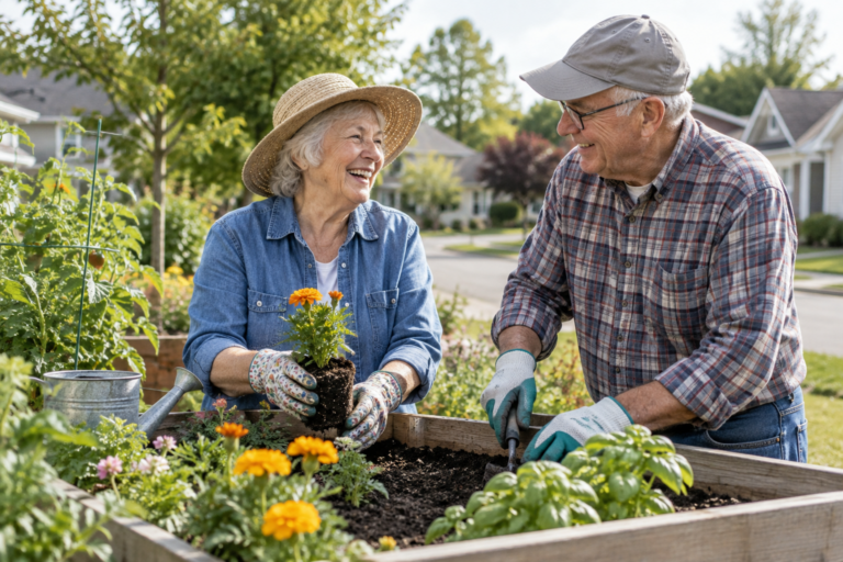 Two older neighbors planting flowers together in a community garden