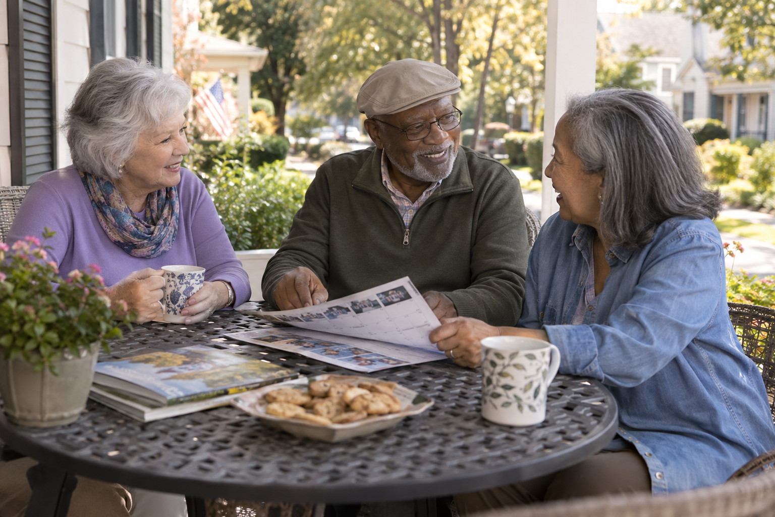 Three older neighbors talking together on a porch in their community
